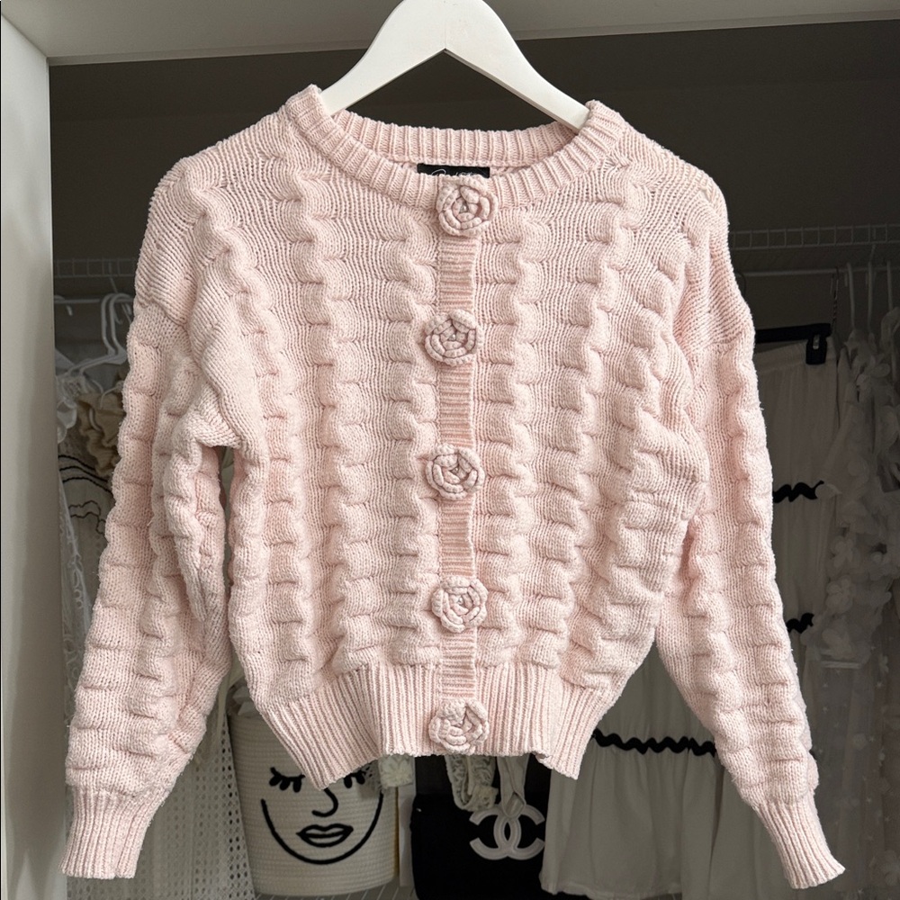 ON TWELFTH Pink Cable Knit Textured Pearl Cardigan with 3D Flower Buttons XS